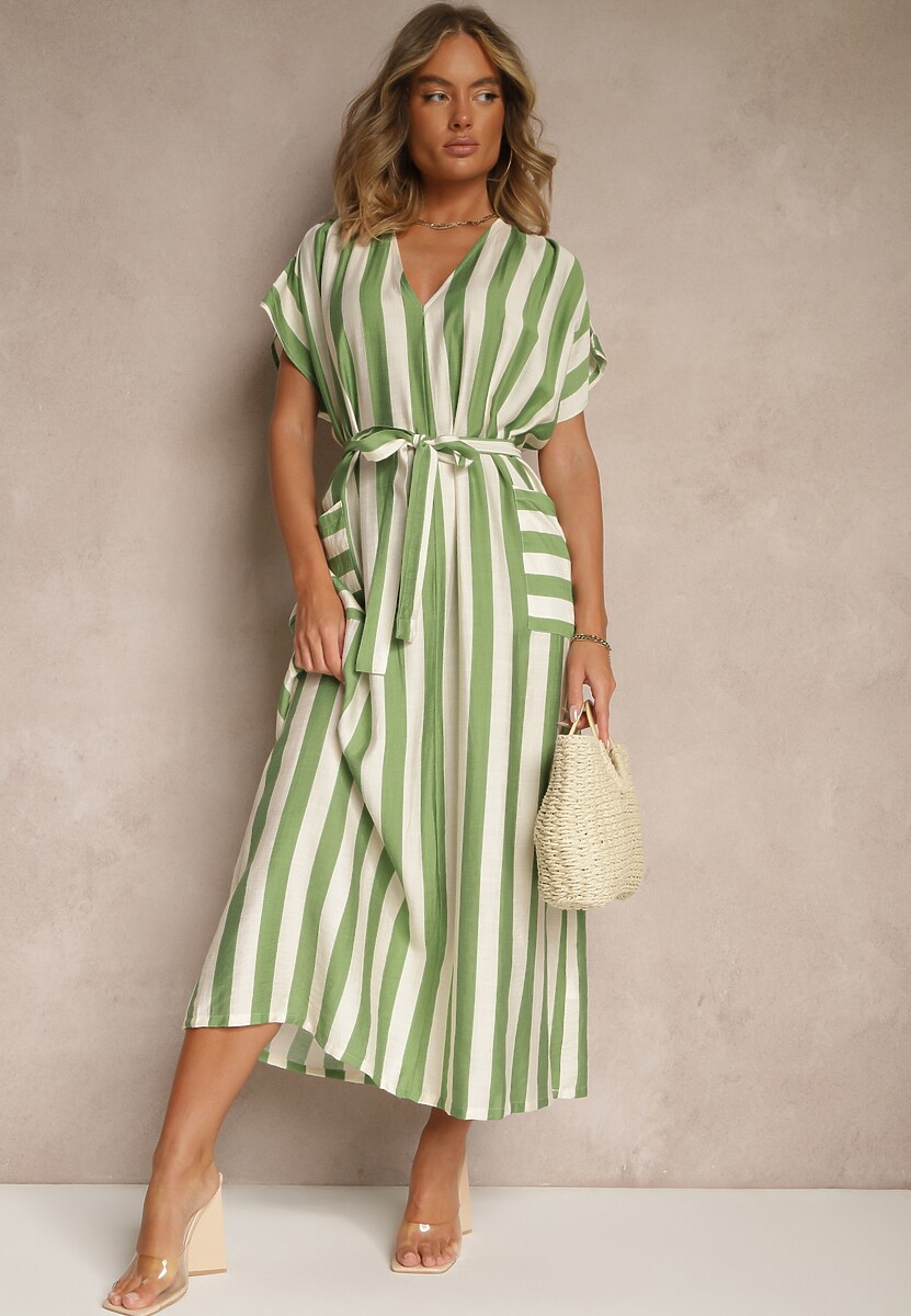 Zielona Pudełkowa Sukienka z Wiskozą z Motywem Pasków i Wiązaniem Lumierae