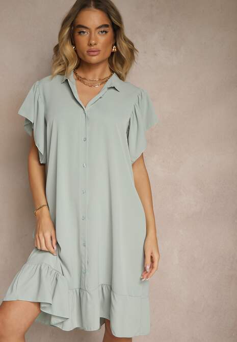 Jasnozielona Koszulowa Sukienka Ozdobiona Falbankami i Guzikami Tenelora