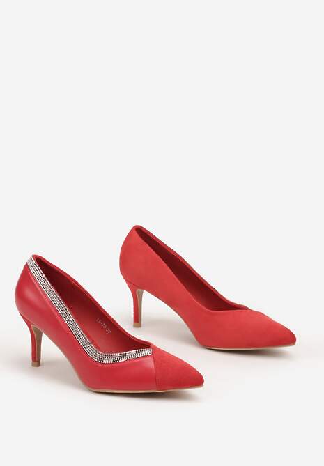 Czerwone Czółenka na Niskim Obcasie z Cyrkoniami i Wstawką z Ekozamszu Kaiven