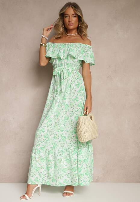 Zielona Kwiatowa Sukienka Typu Hiszpanka z Bawełną Tiarice