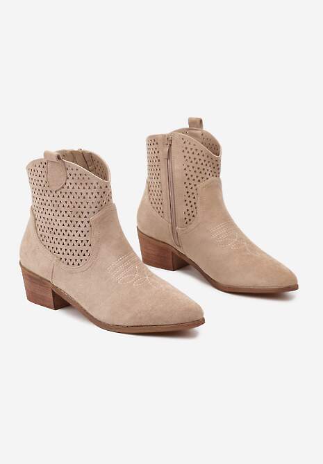 Beżowe Botki Kowbojki Vices na Słupku z Ażurową Cholewką Elfedi