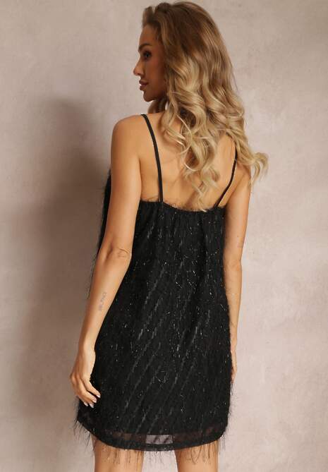 Czarna Koktajlowa Sukienka Mini z Cienkimi Piórkami Clotile