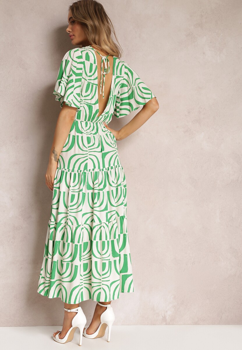 Zielono-Beżowa Sukienka Maxi z Wiskozy z Odkrytymi Plecami i Falbankami Jayliana