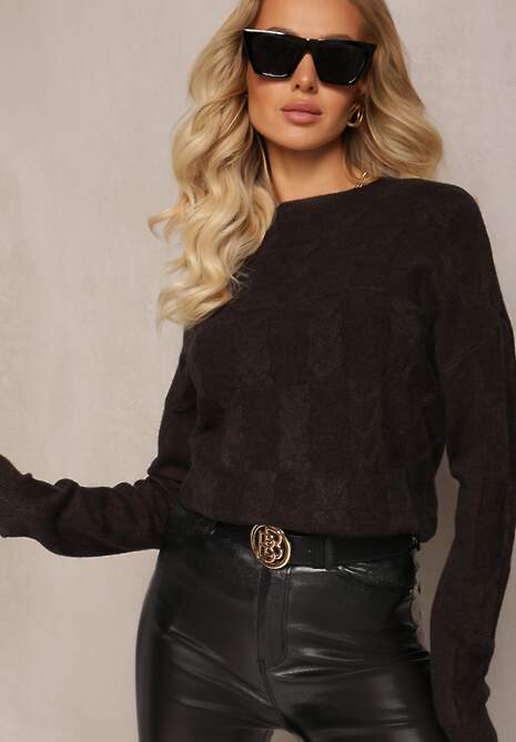 Czarny Warkoczowy Sweter z Długim Rękawem i Ściągaczami Kaviss