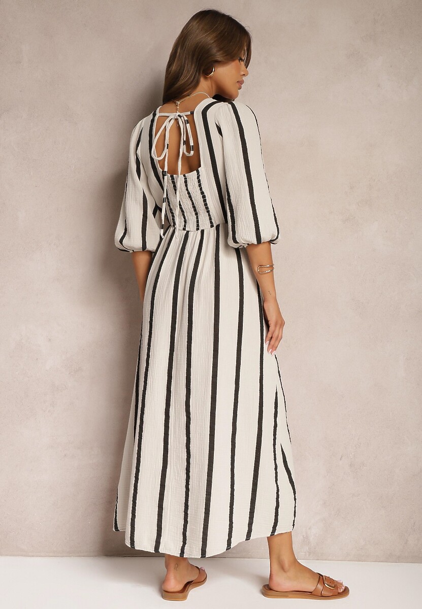 Biało-Czarna Bawełniana Sukienka w Paski o Rozkloszowanym Kroju Legelia