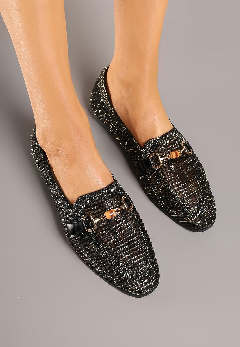Czarne Ażurowe Mokasyny Loafersy z Klamrą Koliswena
