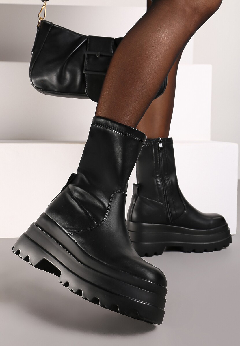 Beżowe Botki na Podwójnej Platformie z Przylegającą Cholewką Belariel