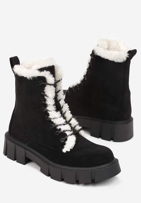 Czarne Traperki Workery z Futerkiem na Grubej Podeszwie Dathi