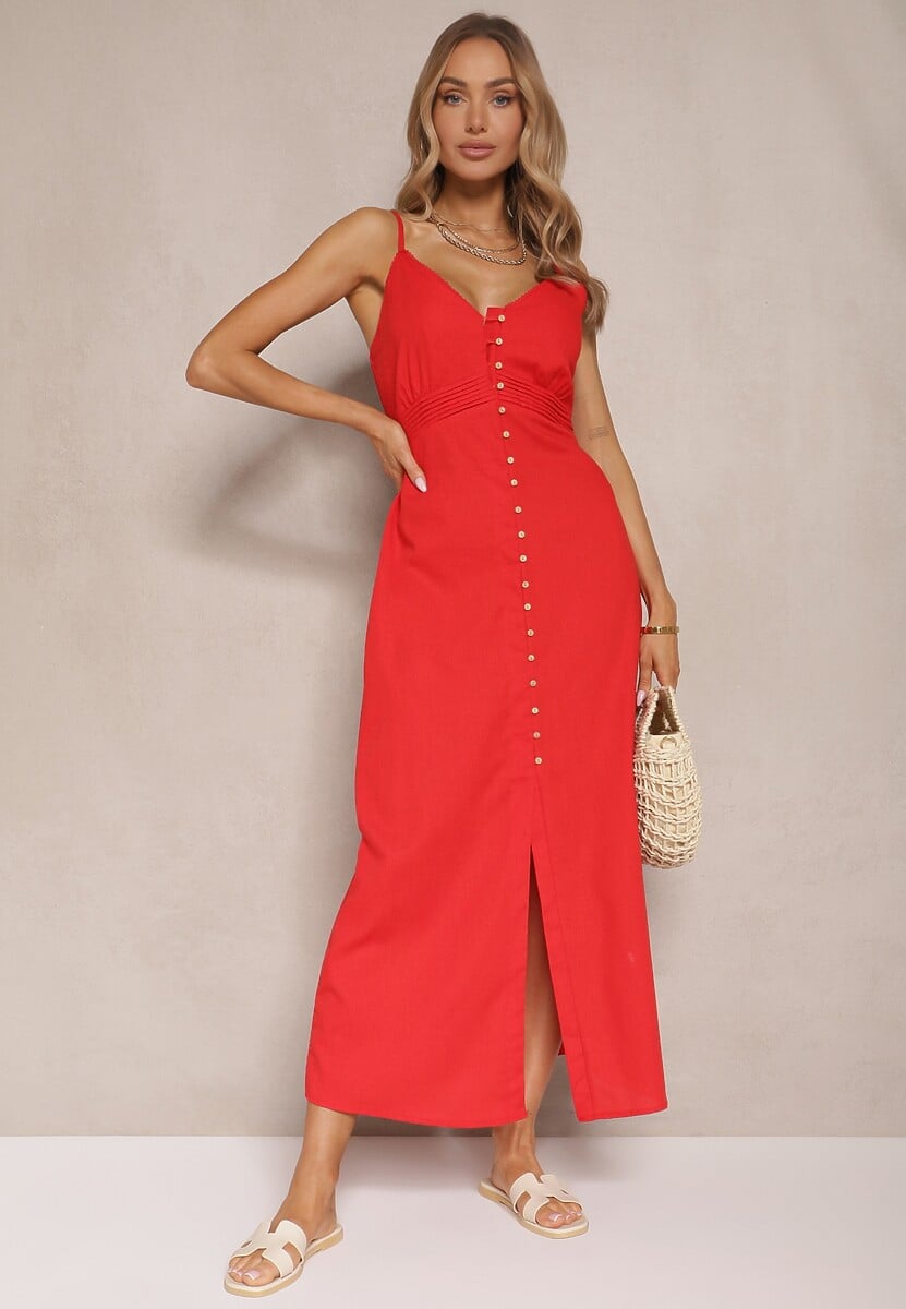 Jasnobeżowa Rozkloszowana Sukienka z Bawełny z Guzikami i Regulowanymi Ramiączkami Lorbia