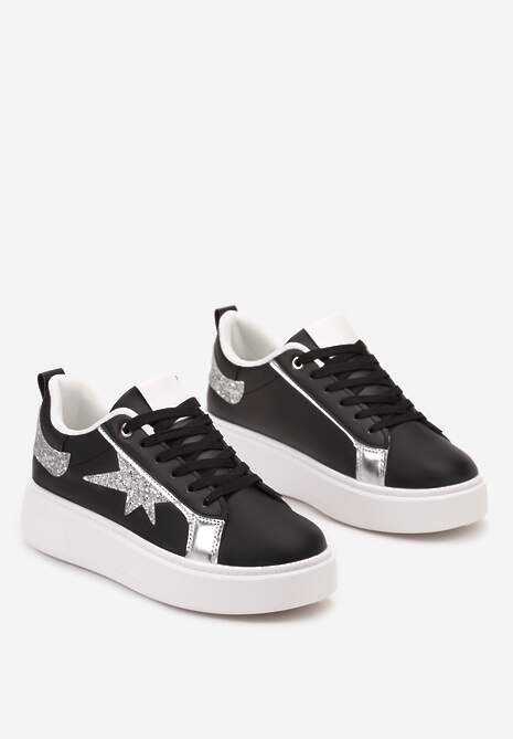 Czarne Sneakersy Ozdobione Brokatem na Niskiej Platformie Leonare