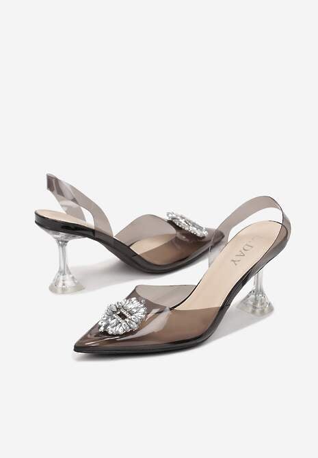 Czarne Sandały z Klepsydrową Szpilką i Transparentnym Noskiem w Szpic Frantis