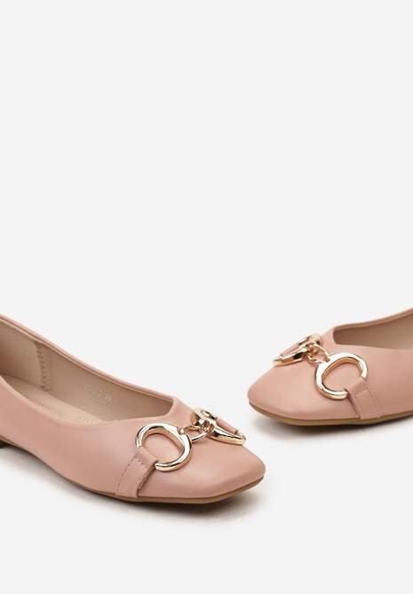 Różowe Balerinki Ozdobione Metalową Klamrą i Noskiem Kwadratowym Eladra