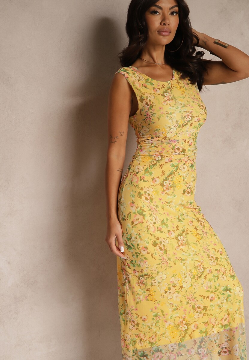 Niebieska Sukienka o Taliowanym w Kwiatowy Wzór Lirandra