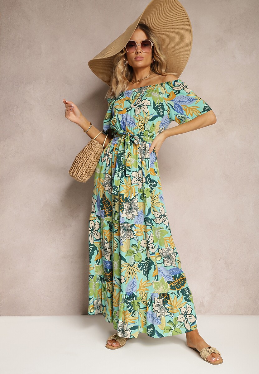 Czarno-Czerwona Wiskozowa Sukienka o Rozkloszowanym Kroju z Paskiem w Talii w Kwiatowy Print Rosubia