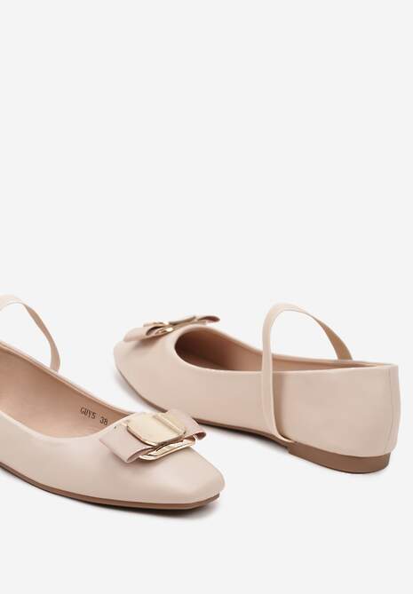 Beżowe Balerinki Zdobione Biżuteryjną Aplikacją i Elastycznym Paskiem Inirea