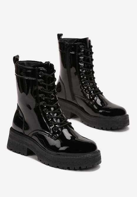 Czarne Botki Workery z Lakierowaną Cholewką Nouria