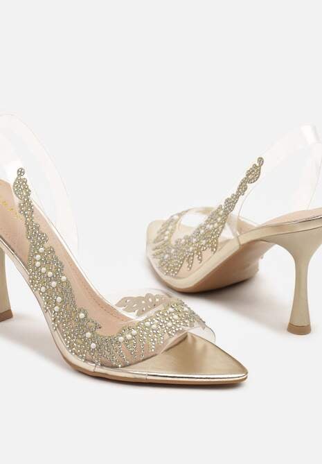 Złote Przezroczyste Sandały na Szpilce Vices ze Skórzaną Wkładką i Cyrkoniami Oviassa