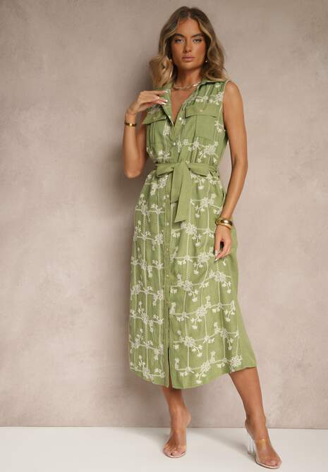 Zielona Sukienka Koszulowa z Wiązanym Paskiem i Haftowanym Zdobieniem Malenea