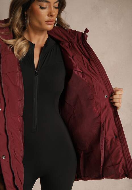 Bordowa Kurtka Oversize z Pikowanymi Przeszyciami i Kapturem Galeana