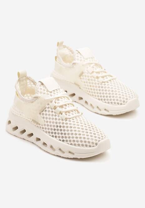 Beżowe Buty Sportowe Sneakersy Siateczkowe na Tłoczonej Platformie Lurilia