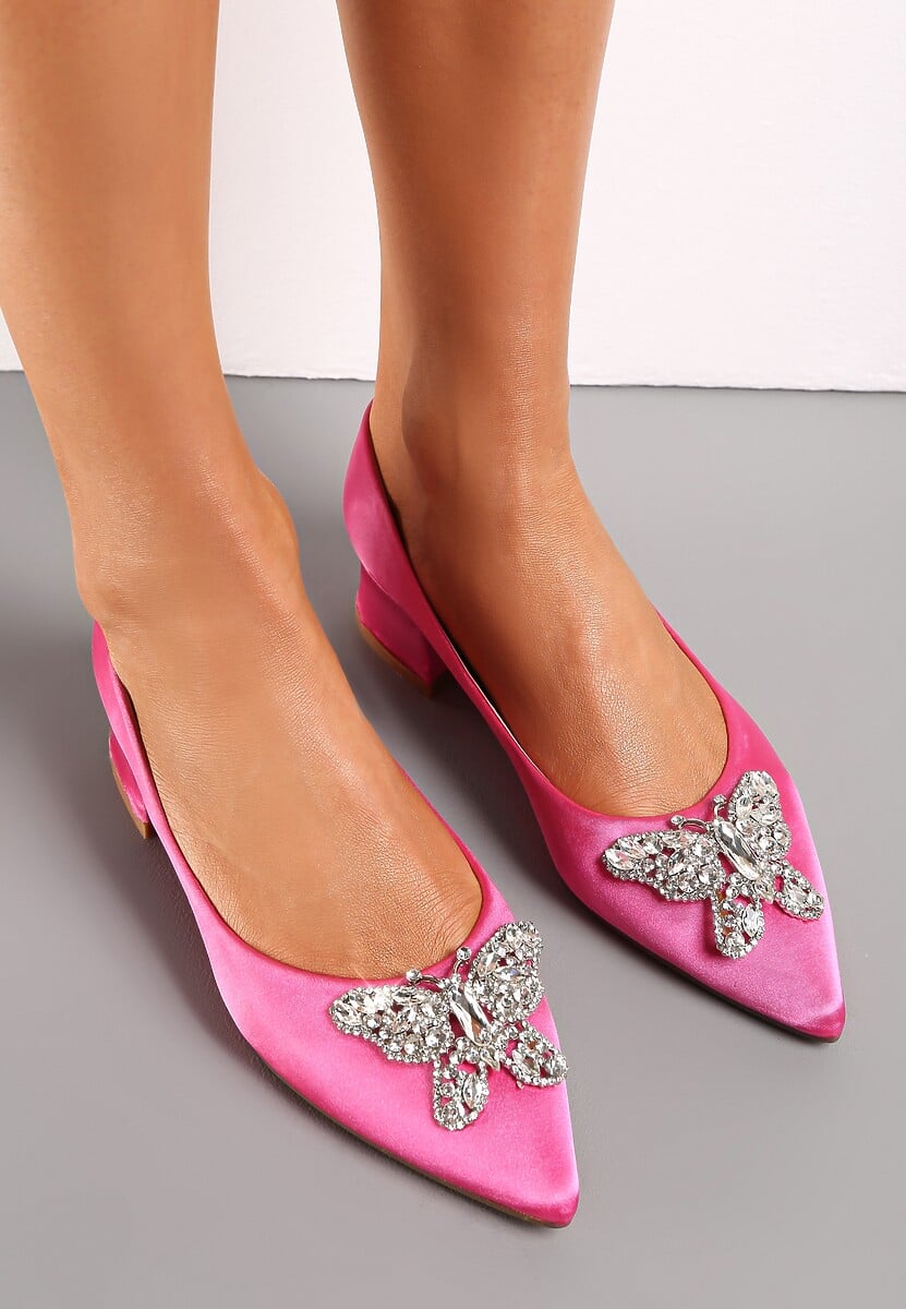 Fuksjowe Czółenka na Niskim Obcasie ze Szpiczastym Noskiem i Metalowym Motylem z Cyrkoniami Zeneta