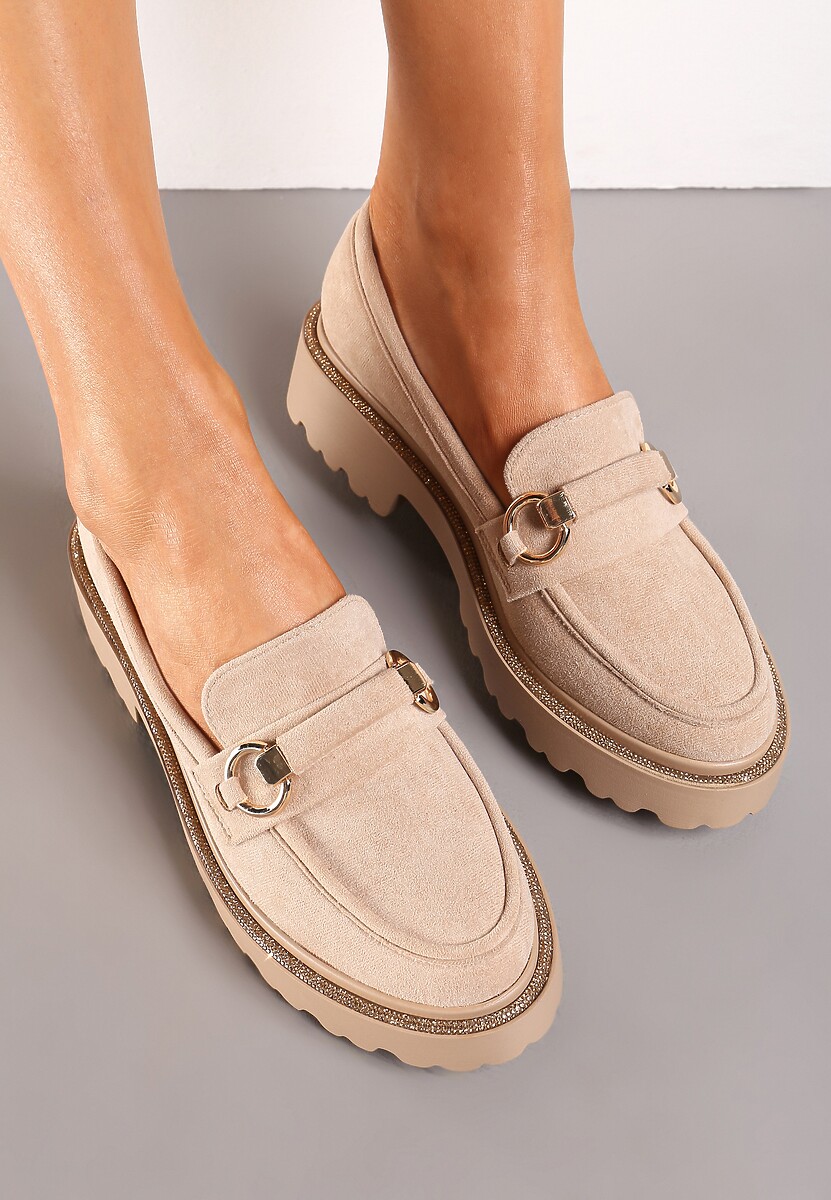 Ciemnobeżowe Mokasyny z Imitacji Zamszu z Cyrkoniami Przy Podeszwie Imule