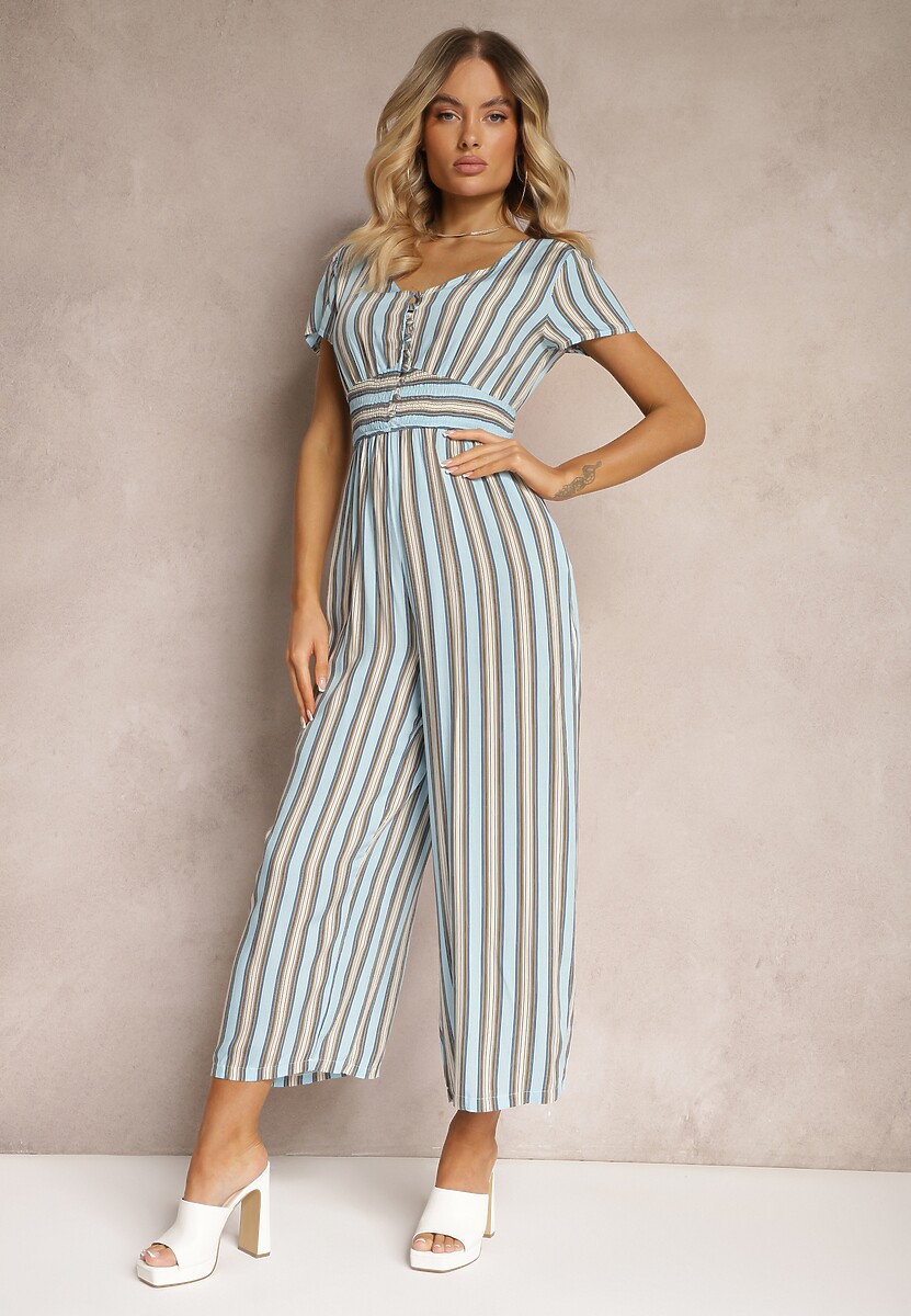 Niebieski Kombinezon z Wiskozy Wykończony Gumką w Talii i Guzikami przy Dekolcie Tinaviras