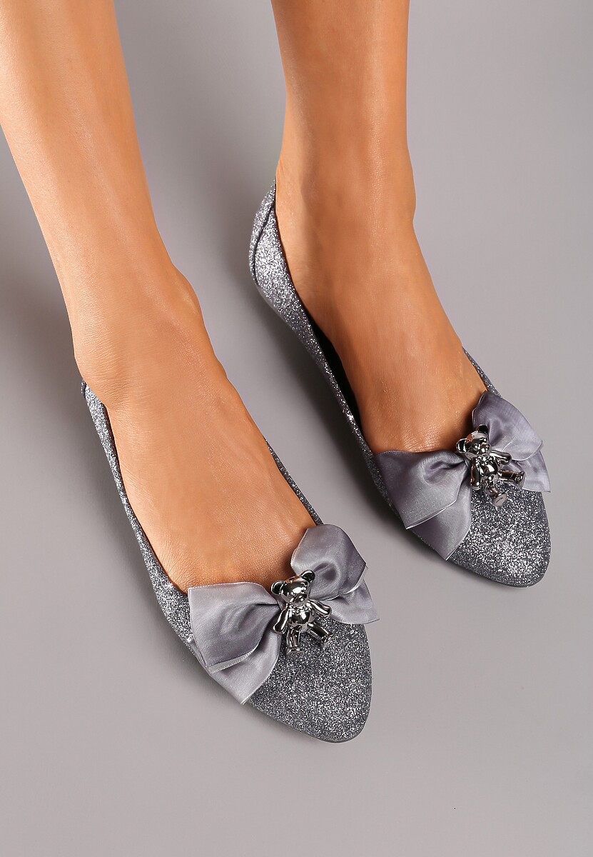 Ciemnoszare Brokatowe Balerinki na Płaskiej Podeszwie z Kokardą Lotisha