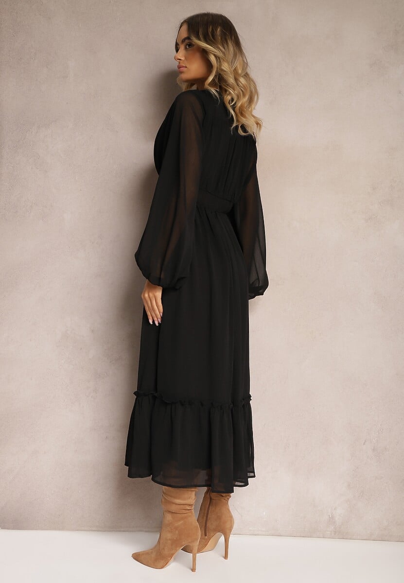 Czarna Plisowana Sukienka Koktajlowa Ozdobiona Guzikami i Falbankami Osumia