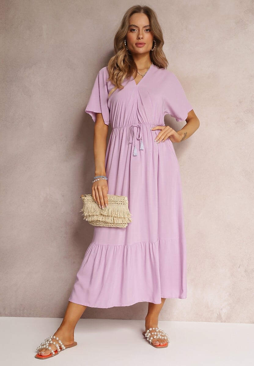 Fioletowa Wiskozowa Sukienka z Troczkiem z Frędzlami i Gumką w Pasie Tresis