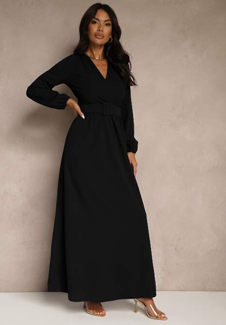 Czarna Koktajlowa Sukienka o Rozkloszowanym Kroju z Ozdobnym Paskiem Feliera