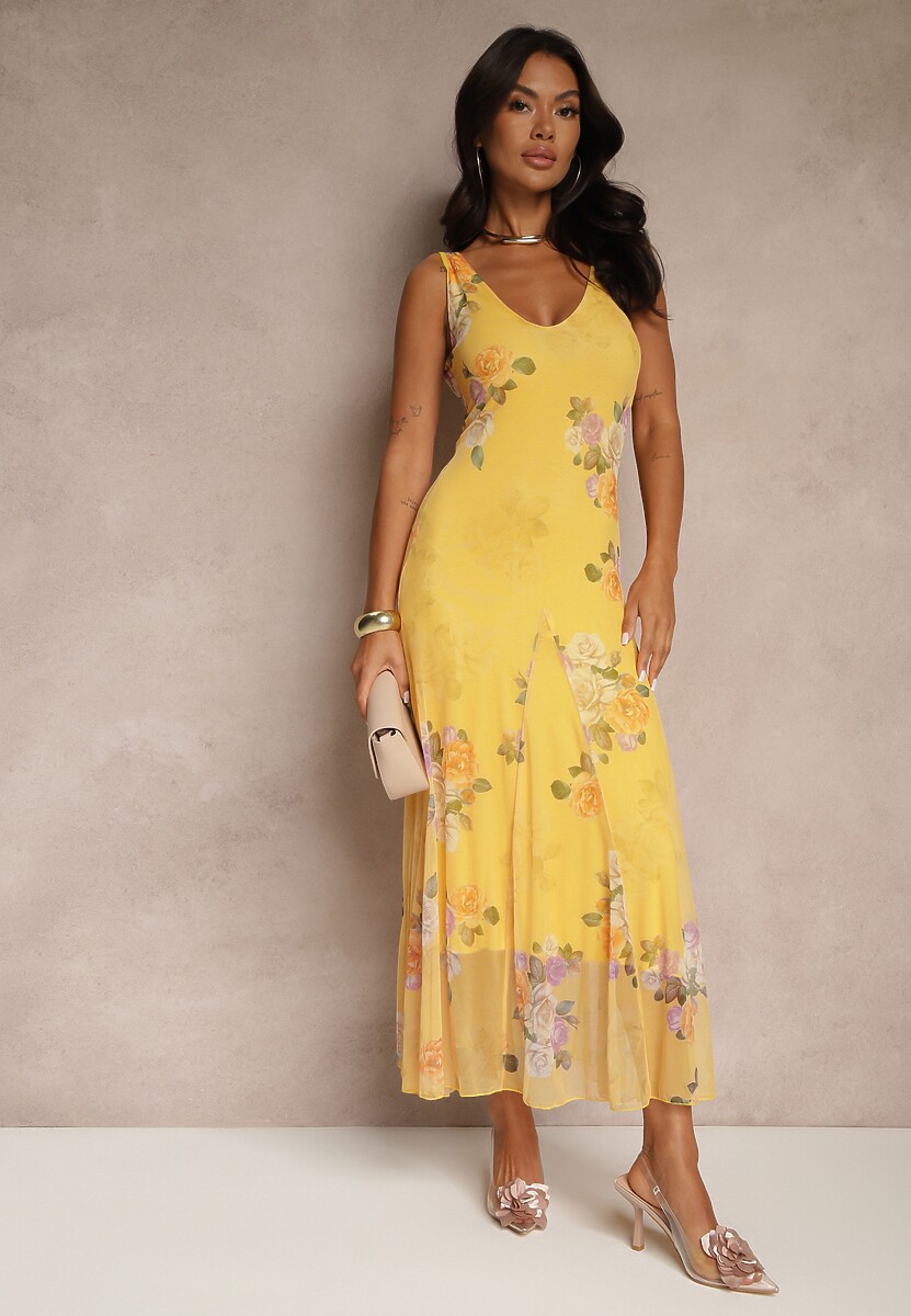 Żółta Sukienka Siateczkowa w Kwiaty Milosea