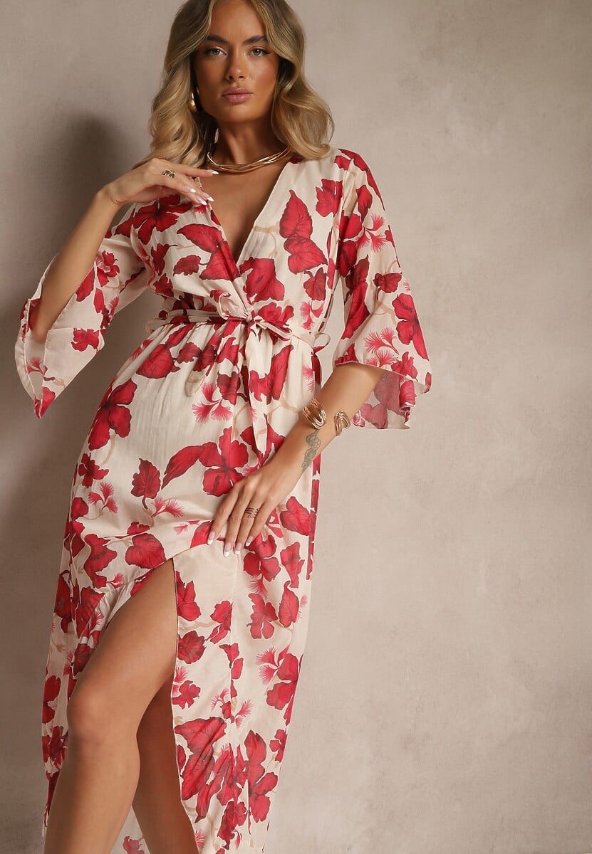 Niebieska Asymetryczna Sukienka z Bawełny z Kopertowym Dekoltem i Wiązanym Paskiem Nitilira