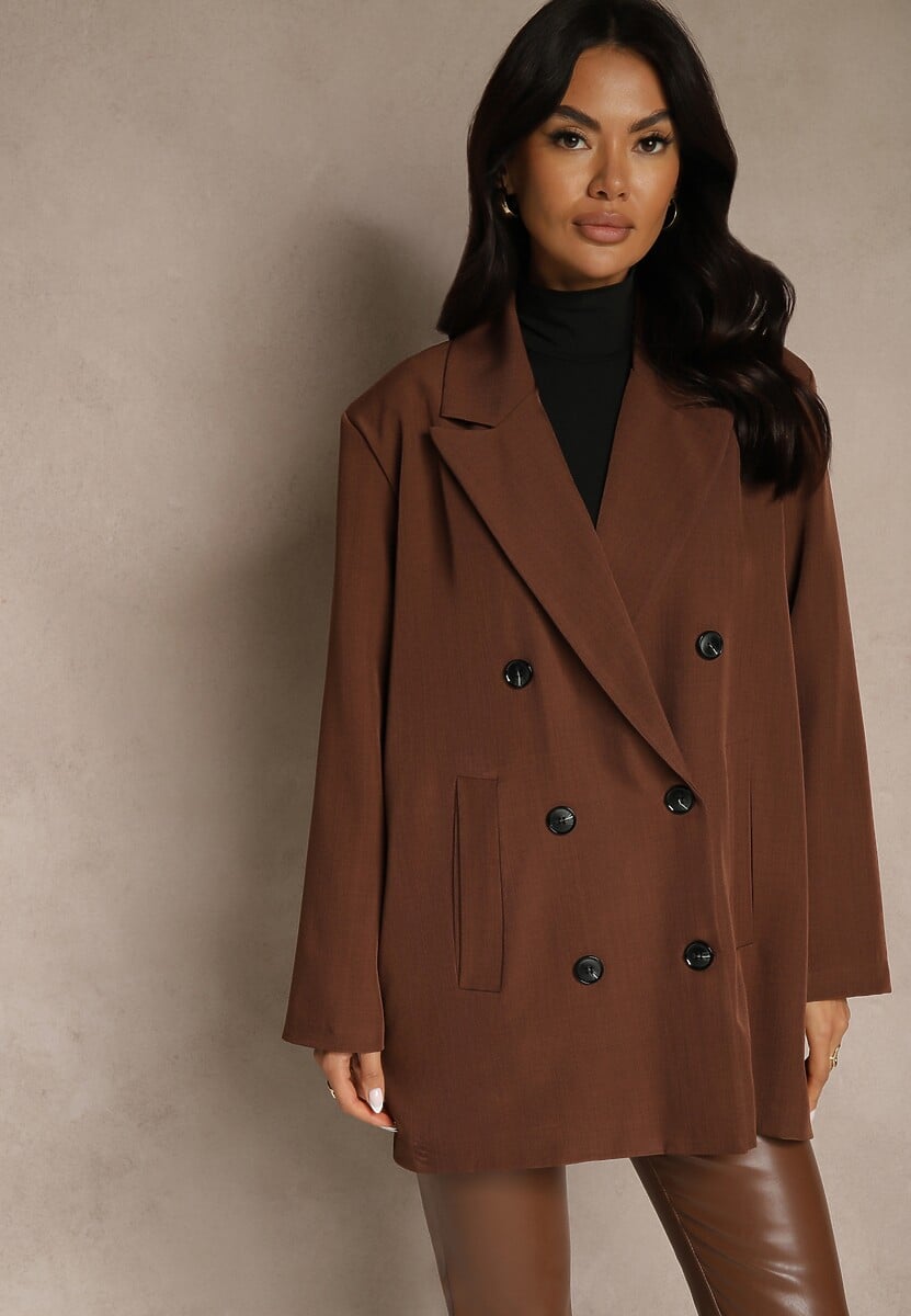 Brązowa Marynarka Dwurzędowa o Przedłużonym Fasonie Pilinne