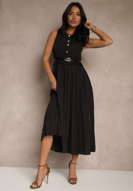 Czarna Plisowana Sukienka o Rozkloszowanym Kroju Bez Rękawów z Paskiem z Klamrą Iffule
