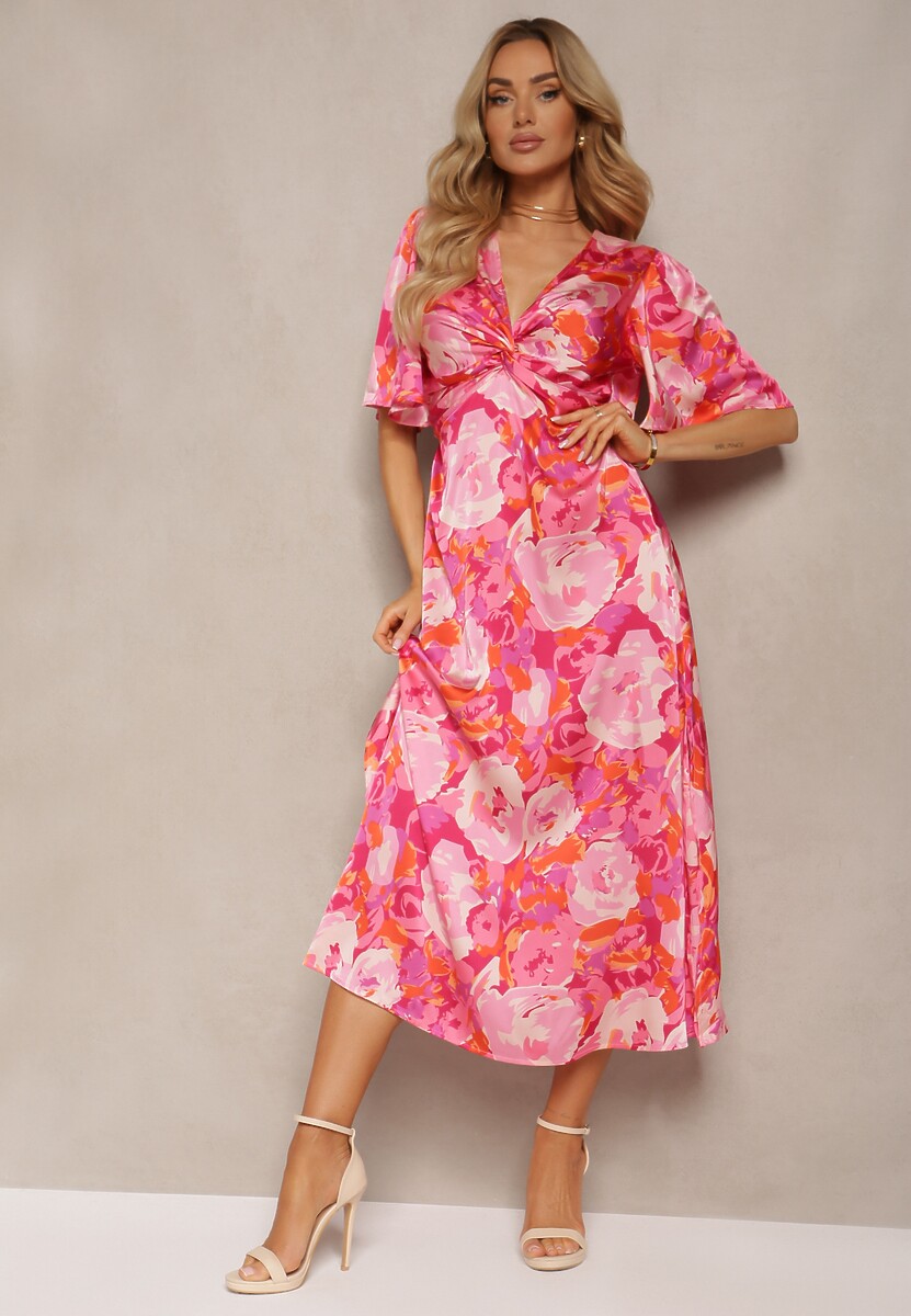 Różowa Sukienka z Marszczonym Dekoltem i Gumką w Talii z Rozcięciami Dilapia