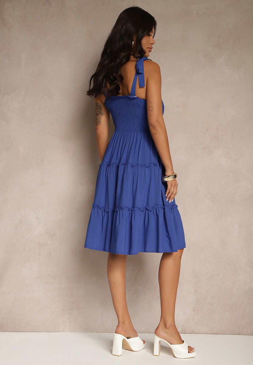 Granatowa Sukienka z Wiskozą o Rozkloszowanym Kroju na Ramiączkach z Wiązaniem Aranive