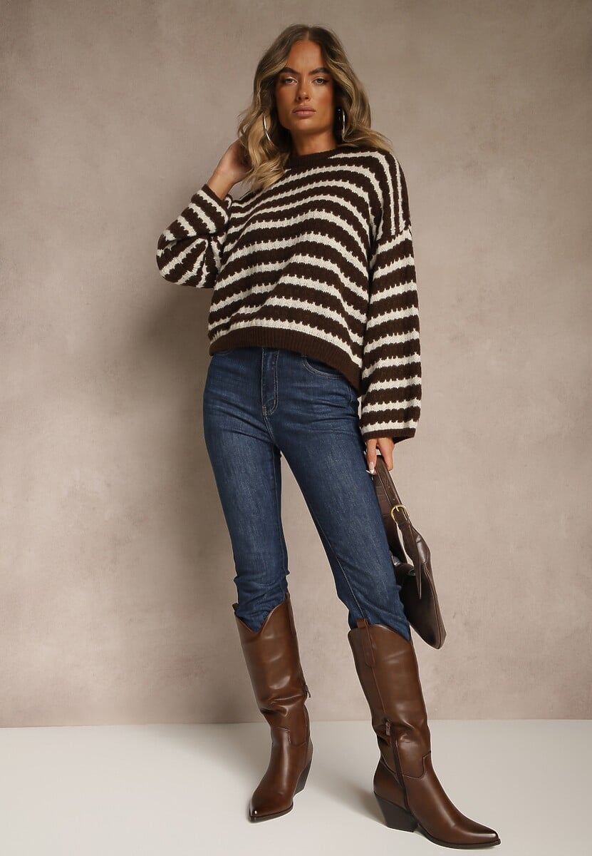 Ciemnobrązowy Oversizowy Sweter w Paski z Dzianiny z Wełną i Wiskozą Aventole