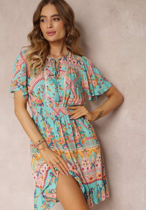 Miętowo-Różowa Wiskozowa Sukienka Mini z Gumkami w Talii i Falbanką na Dole Fraida