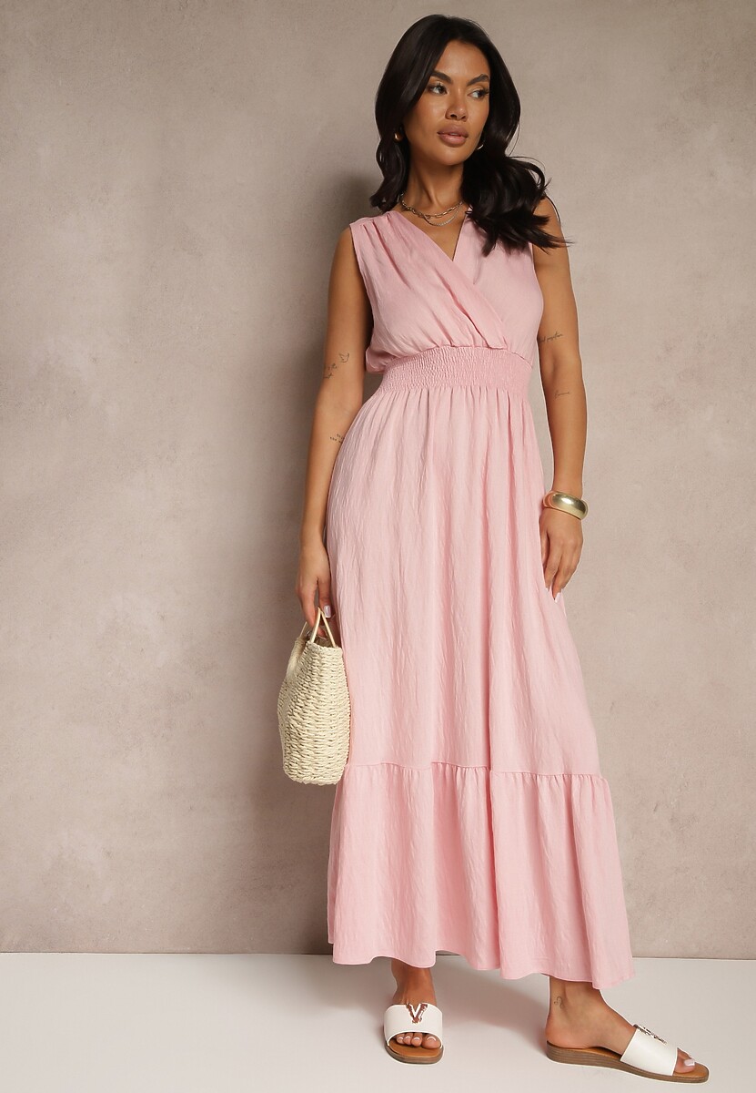 Różowa Rozkloszowana Sukienka o Kopertowym Fasonie z Gumką w Talii Filadira