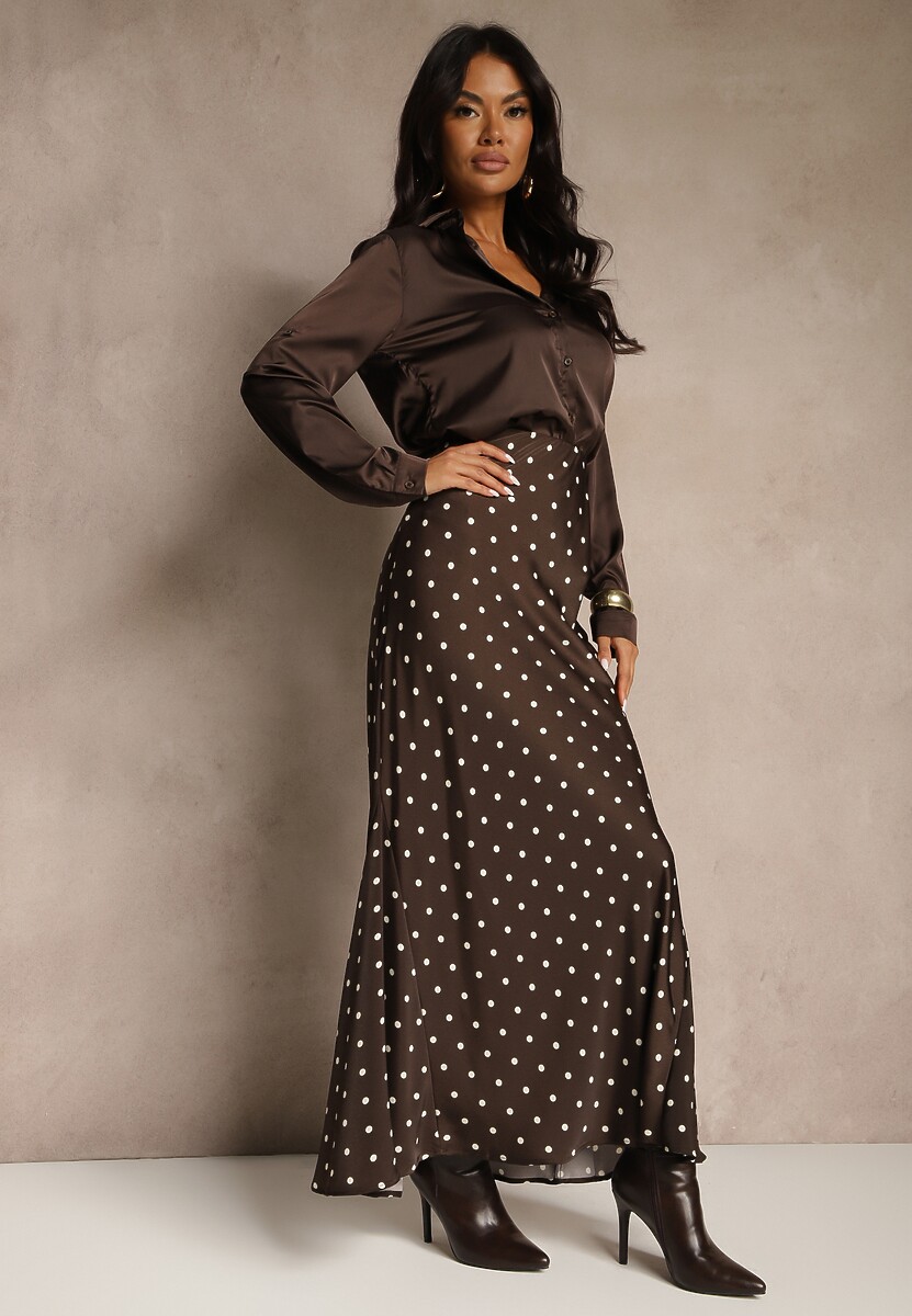 Brązowa Spódnica High Waist w Kropki o Trapezowym Kroju Ravea