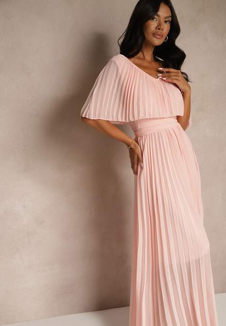 Jasnoróżowa Plisowana Sukienka z Gumką w Pasie z Falbaną Przy Dekolcie Drenia