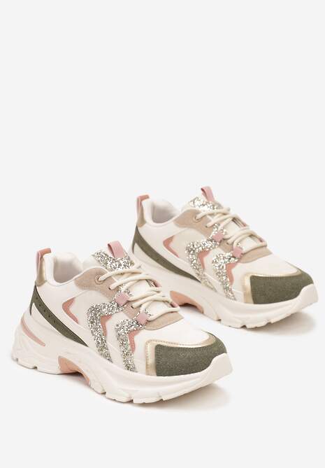 Zielono-Beżowe Sznurowane Sneakersy na Platformie Ozdobione Brokatem Betira