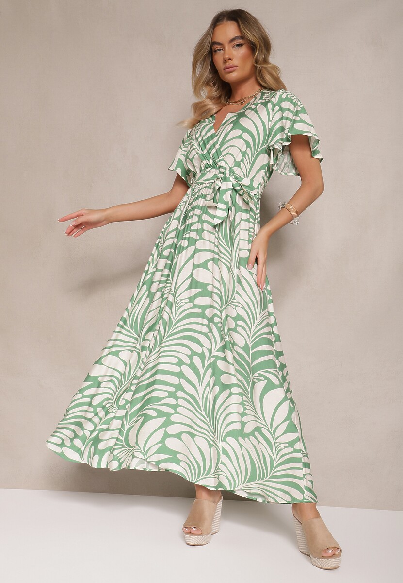 Niebieska Kopertowa Sukienka z Wiskozy Zdobiona Printem z Motywem Roślinnym Dinea