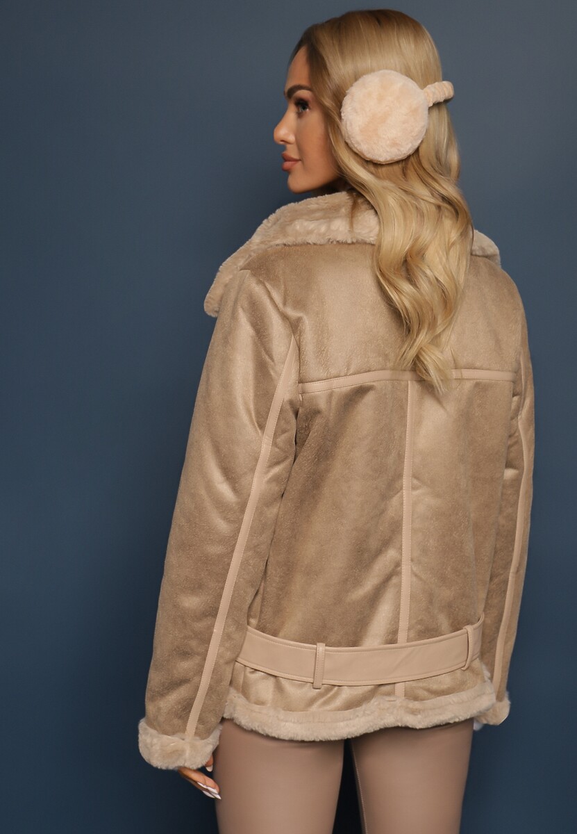 Beżowa Kurtka Biker z Ozdobnym Futerkiem i Paskiem z Klamrą Emaro