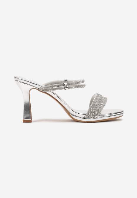 Srebrne Sandały Klapki z Paseczkami Ozdobionymi Cyrkoniami na Szpilce Iseniae