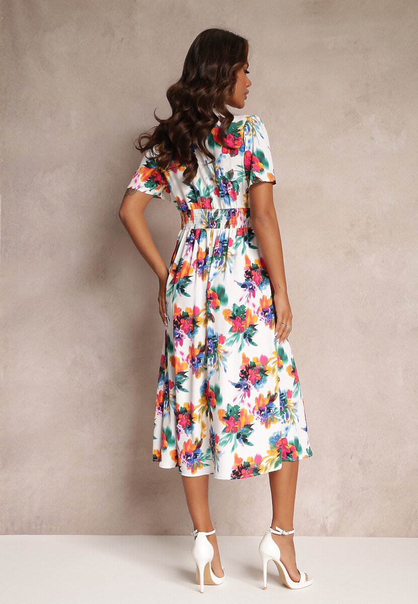 Biała Rozkloszowana Sukienka Midi z Krótkim Rękawem i Gumką w Talii Gelameda