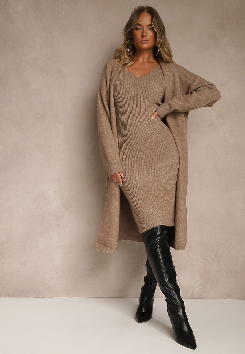 Ciemnobeżowy Dzianinowy Komplet z Wełną Prążkowana Sukienka i Długi Kardigan Falonessa