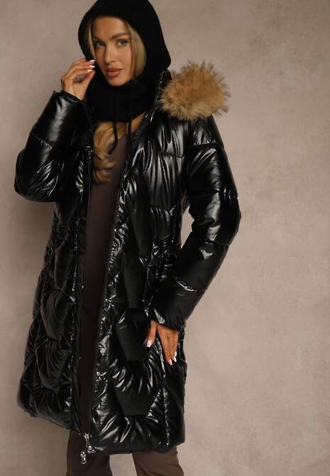 Czarno-Brązowa Pikowana Kurtka o Długim Kroju z Kapturem i Odpinanym Futrem Mocno Ocieplana Lillanea