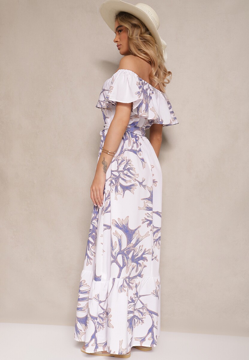 Niebiesko-Biała Rozkloszowana Sukienka Hiszpanka z Wiązaniem w Talii Sesalira